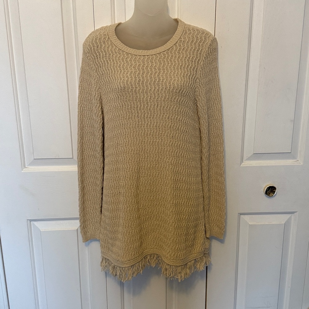 J. Jill Sz Small Beige Fringe edge knit Tunic Sweater GUC B1313